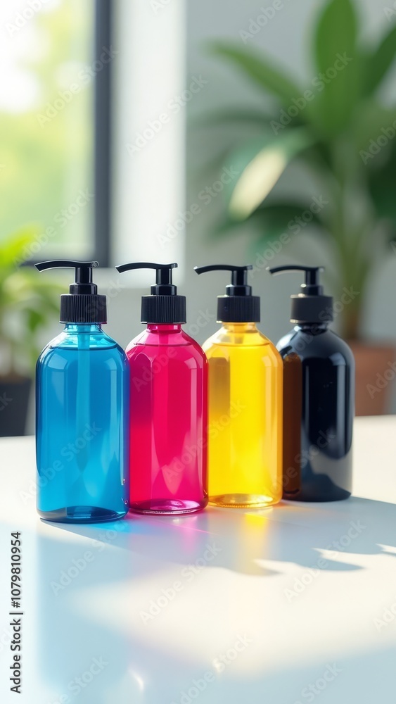 Poster A row of colorful bottles with different colored liquids inside
