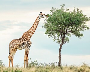 Fototapeta premium Giraffe Reaching for Leaves on Tall Tree in Picturesque Savannah Landscape