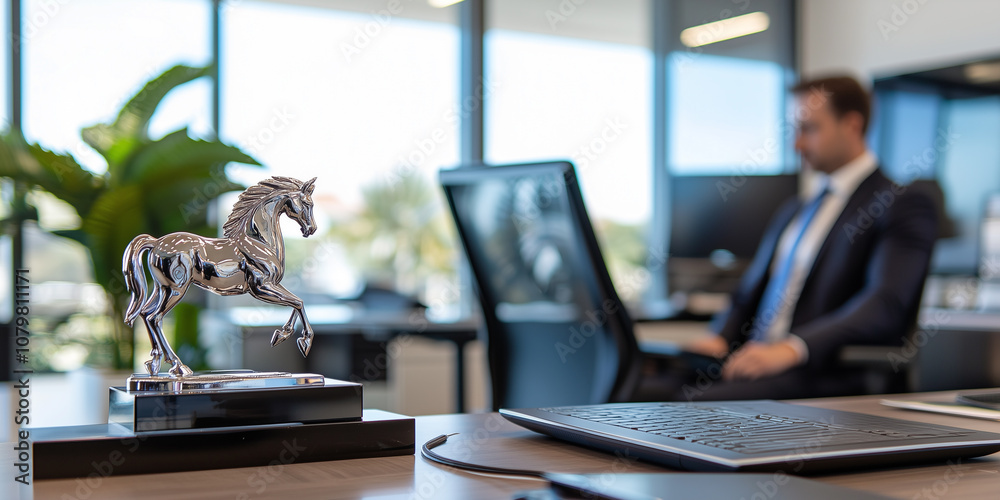 Poster modern workspace features pegasus sculpture as centerpiece, with blurred professional in background,