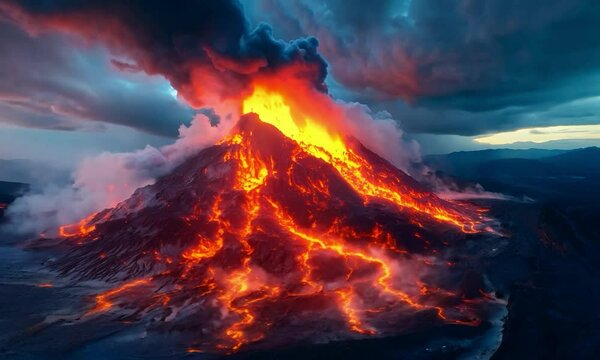 Magical volcano with lava flows of light
