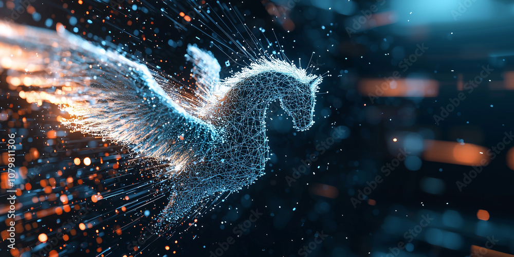 Poster digital Pegasus made of glowing particles soars through network, symbolizing innovation and technology. vibrant colors and dynamic motion create sense of wonder and futuristic energy
