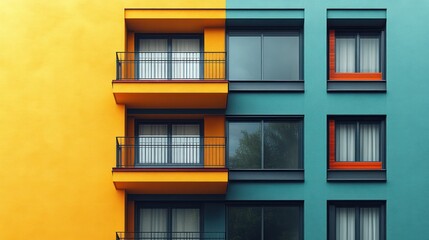 Fototapeta premium Colorful modern building with contrasting yellow and blue walls.