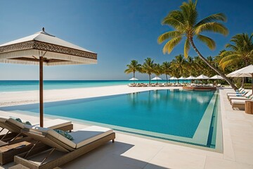Exclusive Grand Resort Pool with Comfortable Sun Loungers and Elegant Canopies by Pristine White Sands and Crystal Clear Waters