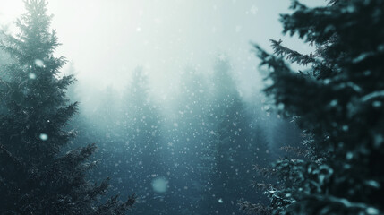 A scenic background of a winter forest with tall, snow-covered pine trees and gentle snowfall. The background is softly blurred to create depth, with delicate snowflakes visible in the foreground
