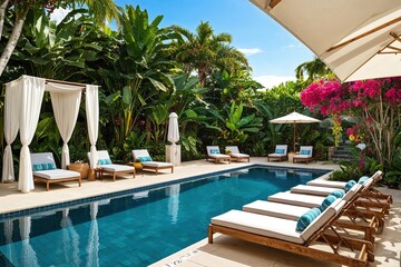 Fototapeta premium Lush Private Pool Oasis with Elegant Loungers Canopies and Vibrant Tropical Flowers for Ultimate Relaxation