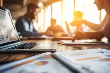 Collaborative business meeting with team analyzing data on laptops and documents in a sunlit modern office setting, focused on productivity and teamwork.