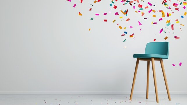 Celebrate the new year with joyful confetti and a charming chair as your festive backdrop