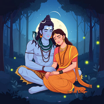A serene depiction of Lord Shiva and Goddess Parvati sitting together under the moonlight in a quiet forest. This intimate moment captures their harmonious relationship and divine companionship