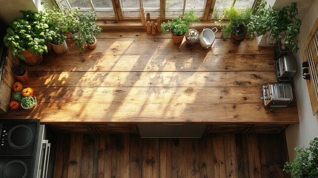 Fototapeta Rustic kitchen counter with wood countertop, plants, and appliances.