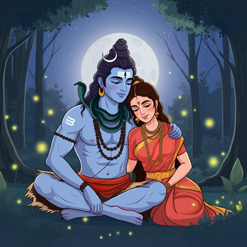 A tranquil scene of Lord Shiva and Goddess Parvati together in a forest, under the full moon. The image depicts the divine couple in a loving embrace, symbolizing unity, peace, and marital bliss in na