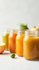 The jars of fruit juice sit on a table next to a potted plant