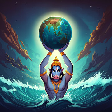 A powerful depiction of Lord Varaha, the boar incarnation of Vishnu, rising from the ocean depths, holding the Earth high above his head. The scene conveys divine strength, protection, and cosmic bala