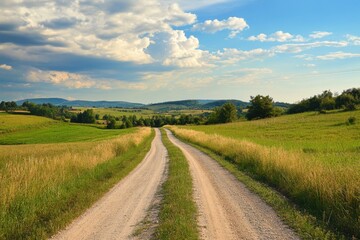 Fototapeta premium A gravel road leads through a rolling, green landscape under a bright blue sky.