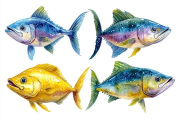 Four colorful fish illustrations showcasing different species and colors.