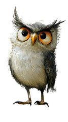 Cute brown cartoon owl with big eyes perched on a branch, a wise and wild animal character