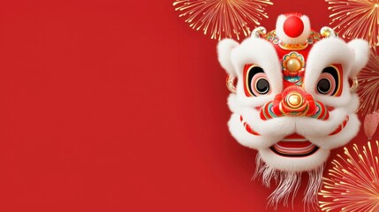 Experience the joy of a charming cartoon lion dance surrounded by vibrant fireworks celebrating cultural festivities