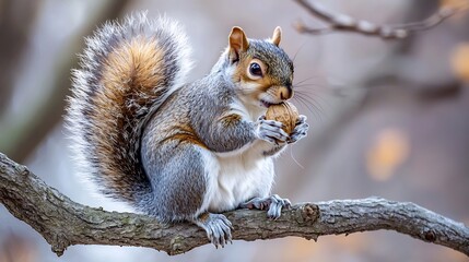 Fototapeta premium Squirrel Nibbling on a Walnut While Perched on a Tree Branch Fluffy Tail Curled