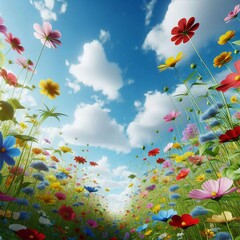 Colorful cosmos flowers arranged in a path towards a blue sky.