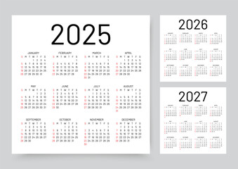 Calendar for 2025, 2026, 2027 years. Calender templates. Desk planner layout. Week starts Sunday. Yearly organizer. Grid with 12 month in English. Vector illustration. Square simple design.