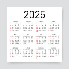 2025 calendar. Calender for year. Planner template. Week starts Sunday. Scheduler layout. Yearly organizer with 12 month. Square design in English. Vector illustration. Pocket mockup.