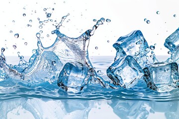 Water splashes and ice cubes isolated on white background, high-resolution detailed illustration capturing motion and clarity.