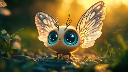 Adorable fantasy creature with large eyes and butterfly wings in a magical forest setting