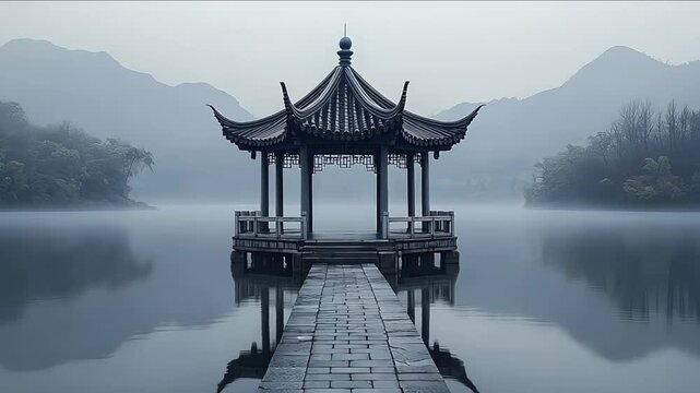 Traditional Chinese pavilion on serene lake with misty mountains
