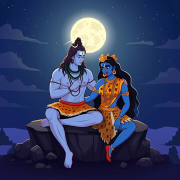 Under the moonlit sky, Lord Shiva and Goddess Parvati share a quiet, intimate moment sitting on a rock. The peaceful night setting enhances the spiritual connection between them