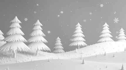 Obraz premium 冬、雪景色、紙のアート、白黒、モノクロ、ペーパークラフト、ミニマル、シンプル、松の木、雪の結晶、立体感、幻想的、静寂、冬の森、雪原、寒い季節、デコレーション、ナチュラル、風景
