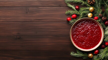 A festive arrangement featuring a bowl of cranberry sauce surrounded by holiday decor on a wooden surface.
