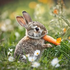 Obraz premium Inquisitive Rabbit Nibbling Carrot in Blooming Meadow