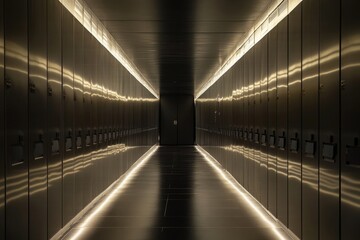 Fototapeta premium Illuminated hallway with rows of lockers