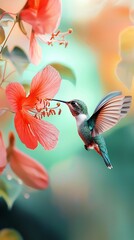 Fototapeta premium Hummingbird Sipping Nectar from Vibrant Red Flower Mesmerizing Moment of Nature s Harmony