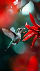 Fototapeta premium Hummingbird Sipping Vibrant Red Flower Nectar in Natural Harmony