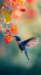 Hummingbird Sipping Vibrant Red Flower Nectar Blurred Wings in Moment of Nature s Harmony