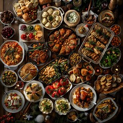 a variety of food including beans, rice, and other foods, a table full of different foods including one with a variety of different foods, vegetables on a plate
