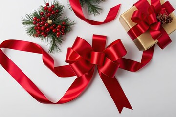 Red Satin Ribbon Bow on White Background Ideal for Holiday Gift Wrapping
