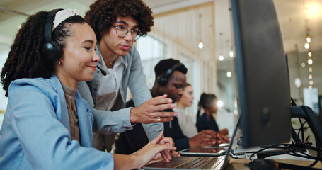 Business people, call center and training team on computer for help desk, support and customer...