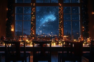 Obraz premium 3D rendering of Christmas garland on window above dinner table with chairs, starry night sky outside, festive Christmas decoration.