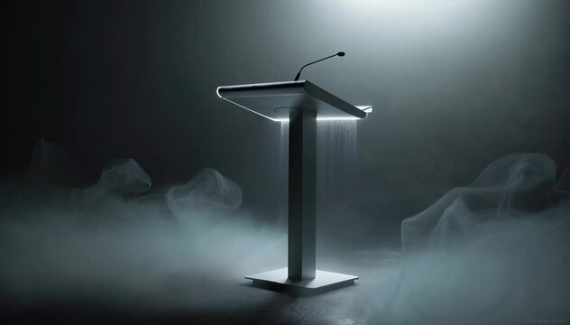 A podium with a microphone stands on a stage filled with smoke. The podium is a symbol of public speaking, and the smoke adds a sense of mystery and intrigue.