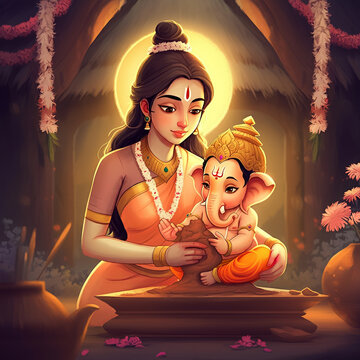 Goddess Parvati with young Lord Ganesha in a serene setting, symbolizing the warmth and love of a divine mother and her child