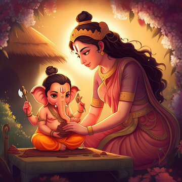 Goddess Parvati gently tending to young Lord Ganesha, capturing the essence of motherly love, care, and nurturing within a divine family