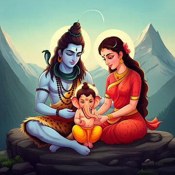 Lord Shiva and Goddess Parvati seated with young Lord Ganesha, symbolizing family harmony, love, and divine blessings against a serene mountain backdrop
