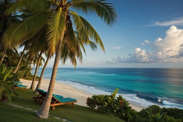 Fototapeta premium Vibrant Tropical Hideaway with Coconut Palms on Breathtaking Coastline