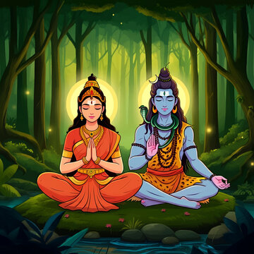 Lord Shiva and Goddess Parvati meditating side by side in a lush forest, symbolizing their deep connection, peace, and harmonious balance