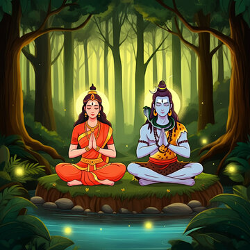 Lord Shiva and Goddess Parvati seated together in meditation within a serene forest, symbolizing peace, unity, and spiritual harmony