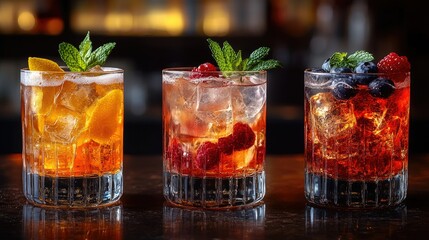 Three refreshing cocktails with ice, mint, and fruit garnishes.