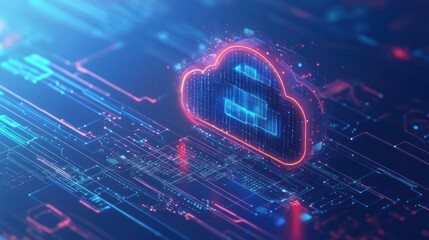 A digital cloud symbol amidst a futuristic circuit background, representing data storage and technology.