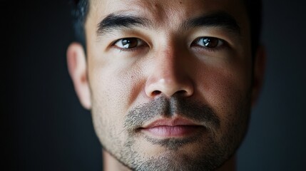 Obraz premium Closeup portrait of a serious-looking asian man with intense eyes