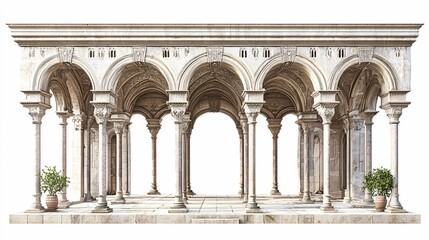 Fototapeta premium Detailed architectural illustration of a medieval cloister courtyard with arches and columns on a white background.